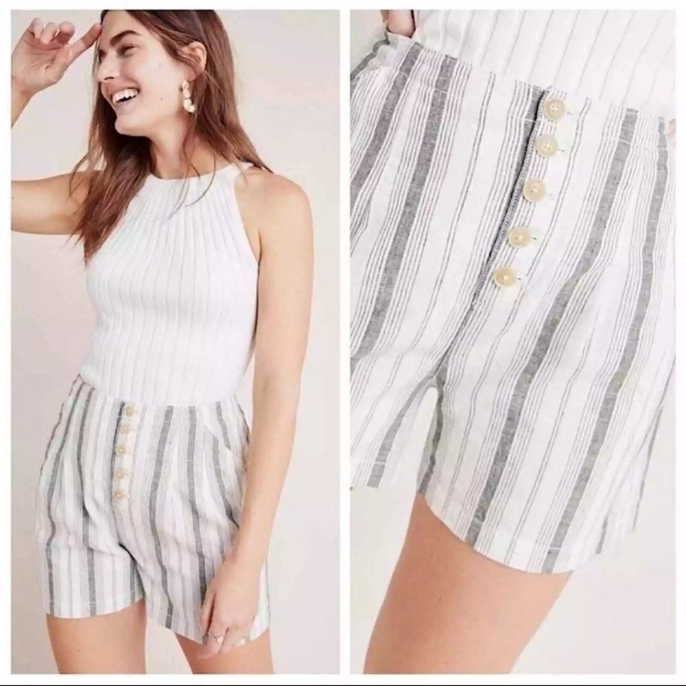 Anthropologie Beachgoer Linen Striped Shorts Green High Rise Pockets Size 14